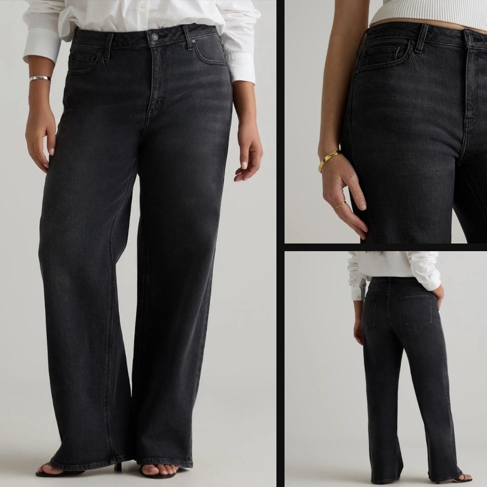 QUINCE Bella Stretch Relaxed Straight Jeans 33x30 Black High-Rise Org Cotton 90s